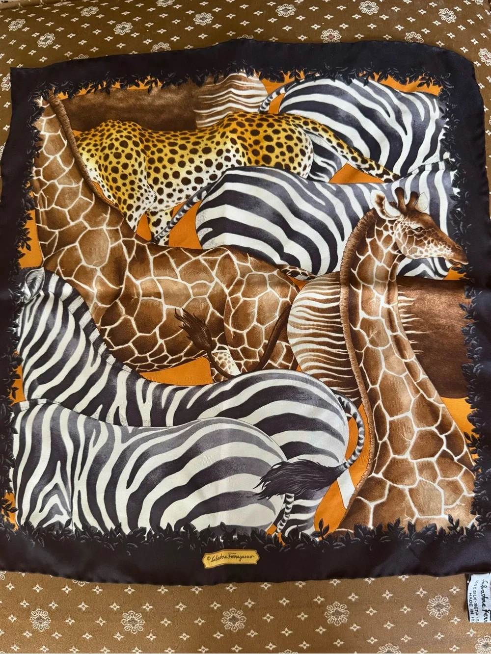 Salvatore Ferragamo 100% Silk Animal Print Scarf - Brown, Black & Orange